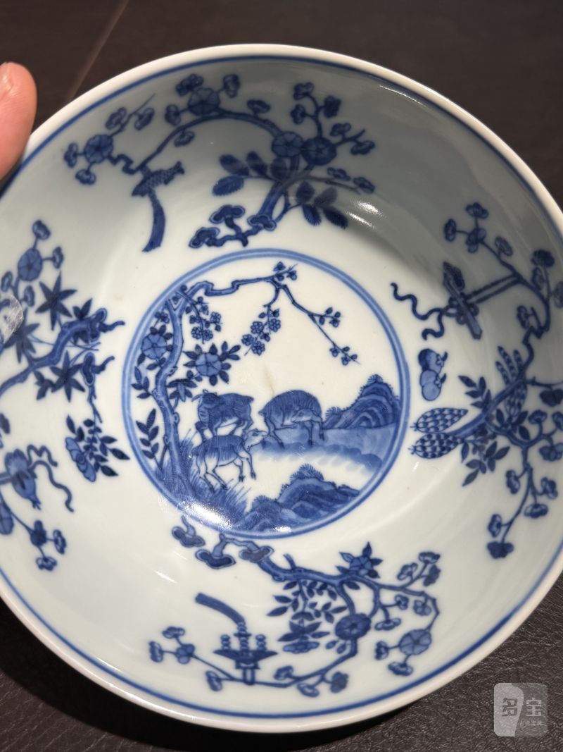 清光绪 内青花外黄地轧道粉彩开光三羊开泰图膳碗 - 图15